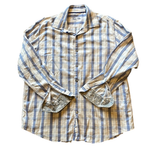 Tasso Elba Mens 17-17.5 Blue Plaid Long Sleeve Dress Shirt Flip Cuff